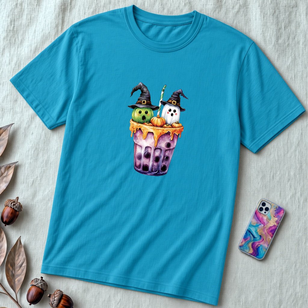 Unisex t-shirt "Spirits in Every Sip" - Aqua unfolded t-shirt mockup