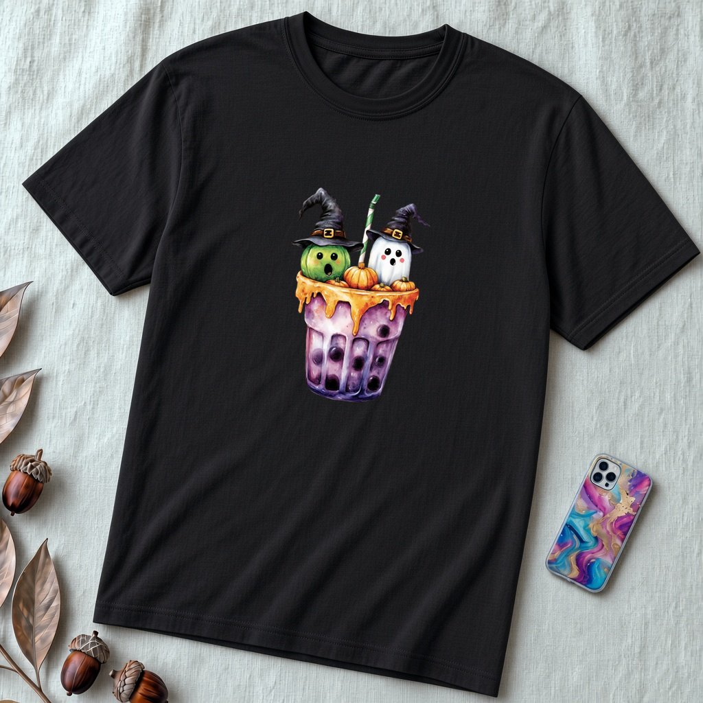 Unisex t-shirt "Spirits in Every Sip" - Black unfolded t-shirt mockup