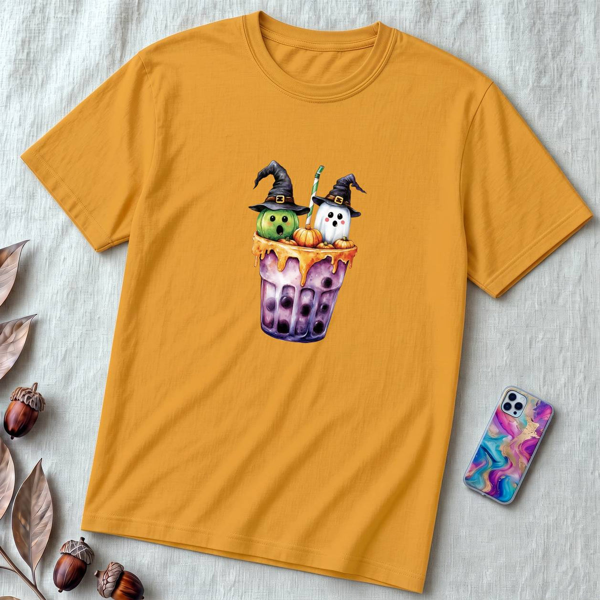 Unisex t-shirt "Spirits in Every Sip" - Mustard unfolded t-shirt mockup