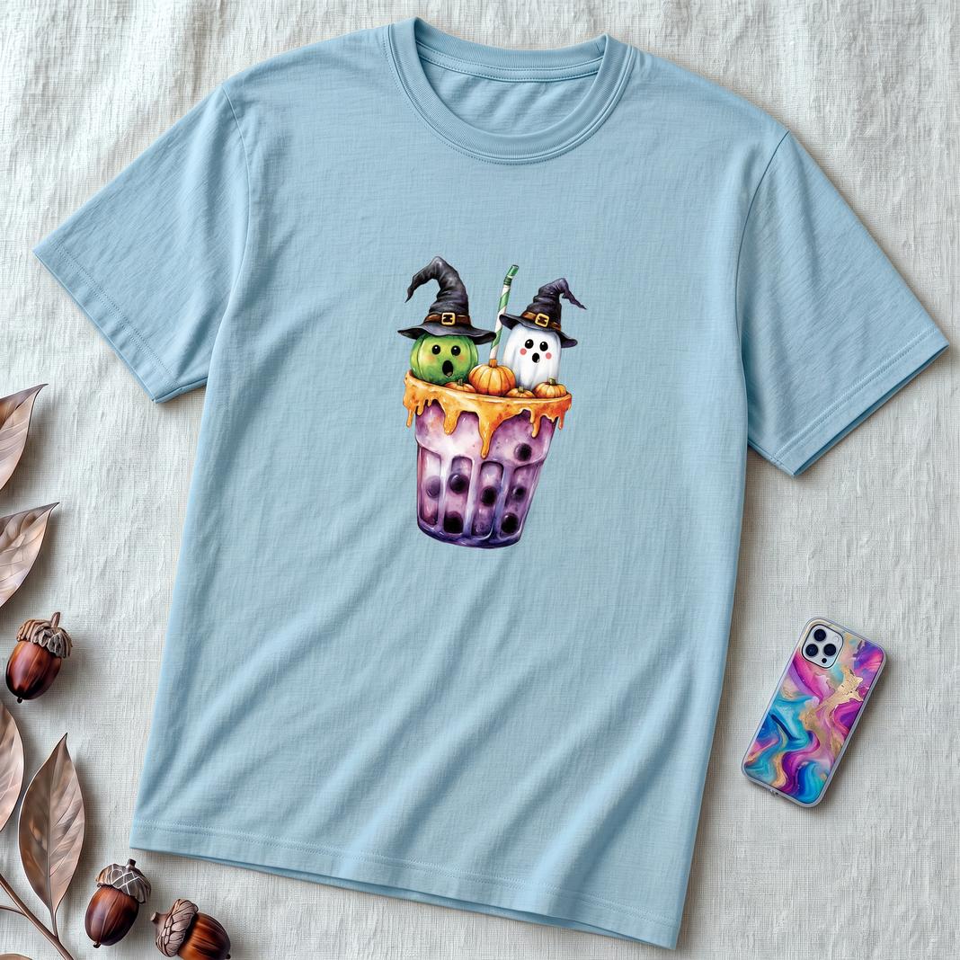 Unisex t-shirt "Spirits in Every Sip" - Ocean Blue unfolded t-shirt mockup