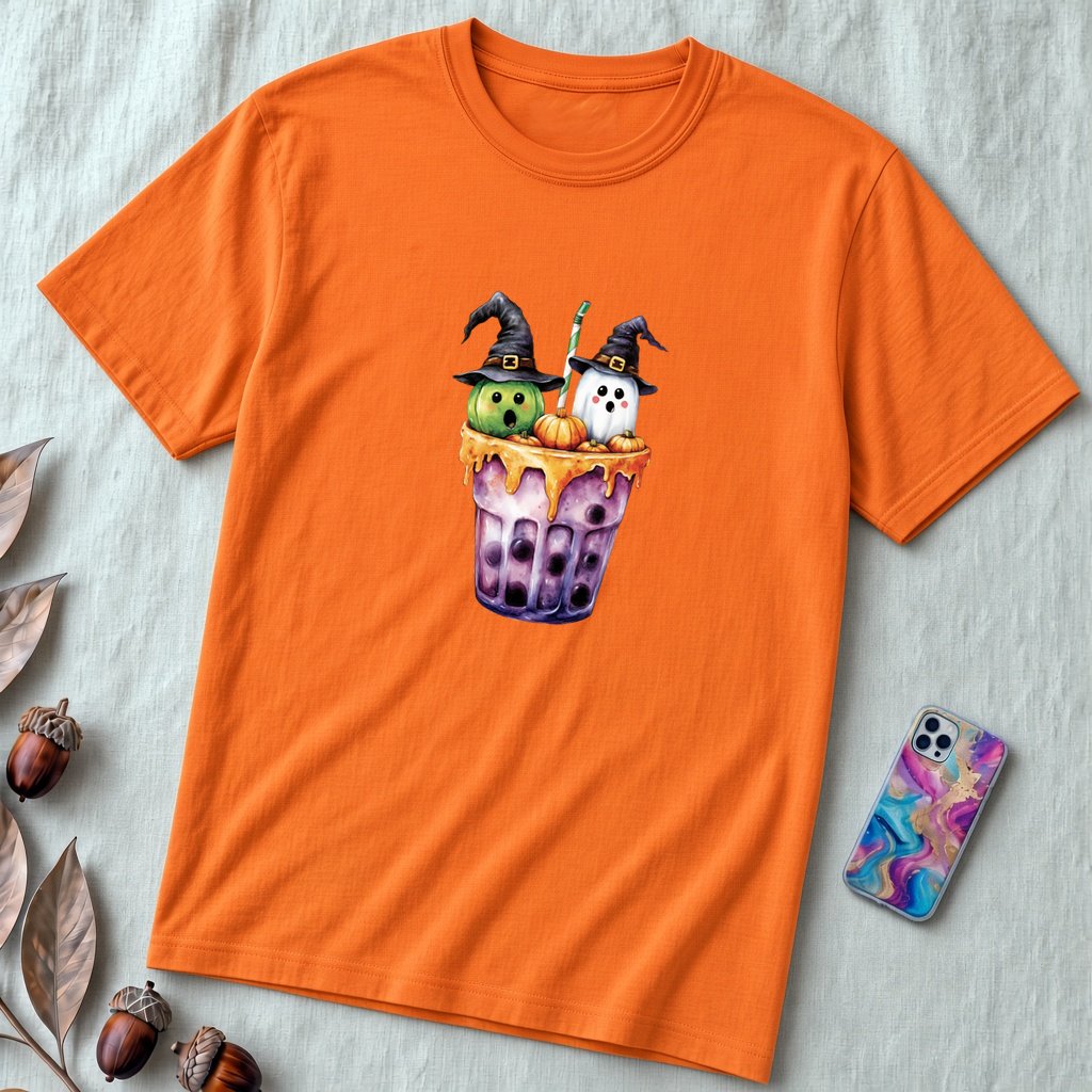 Unisex t-shirt "Spirits in Every Sip" - Orange unfolded t-shirt mockup