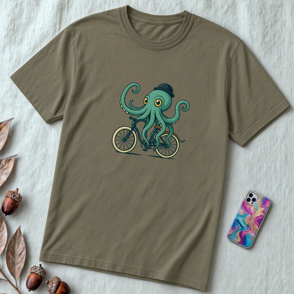 Unisex t-shirt with octopus on a bike - Army unfolded t-shirt mockup