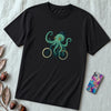 Unisex t-shirt with octopus on a bike - Black unfolded t-shirt mockup