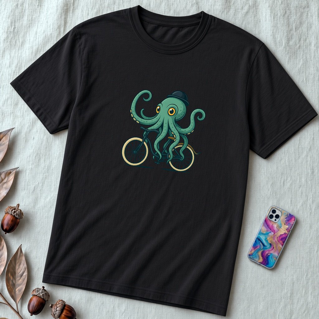 Unisex t-shirt with octopus on a bike - Black unfolded t-shirt mockup