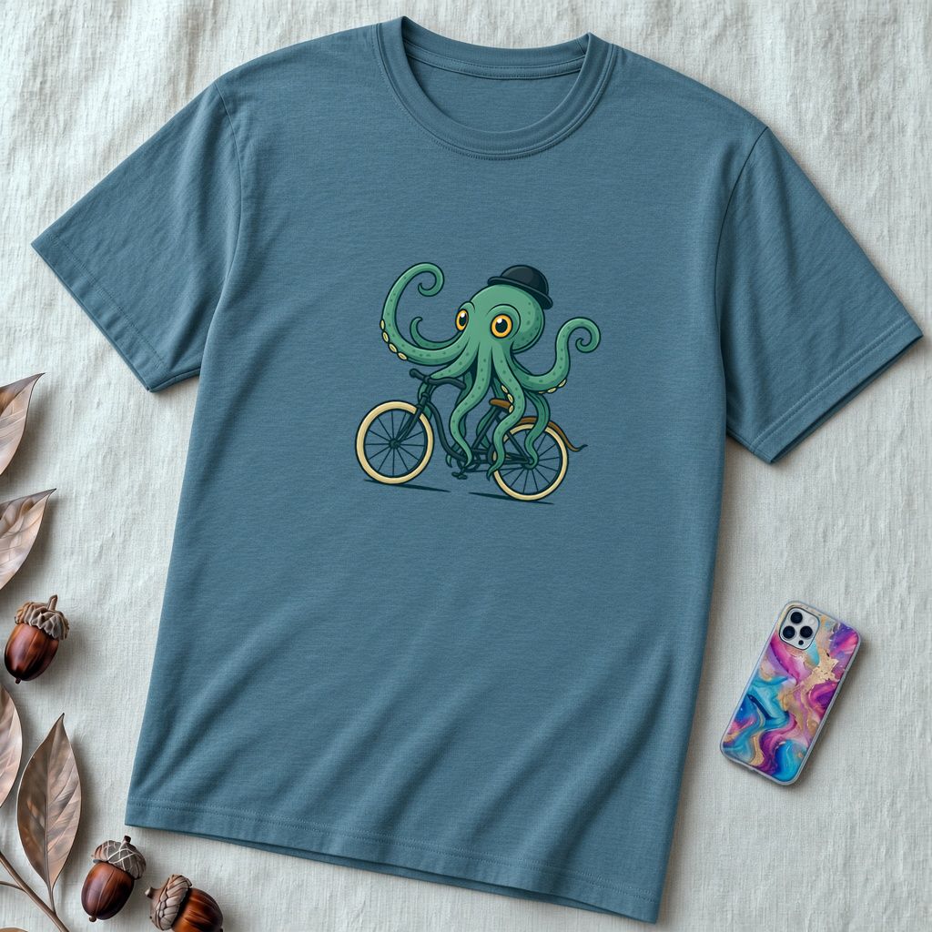 Unisex t-shirt with octopus on a bike - Heather Deep Teal unfolded t-shirt mockup