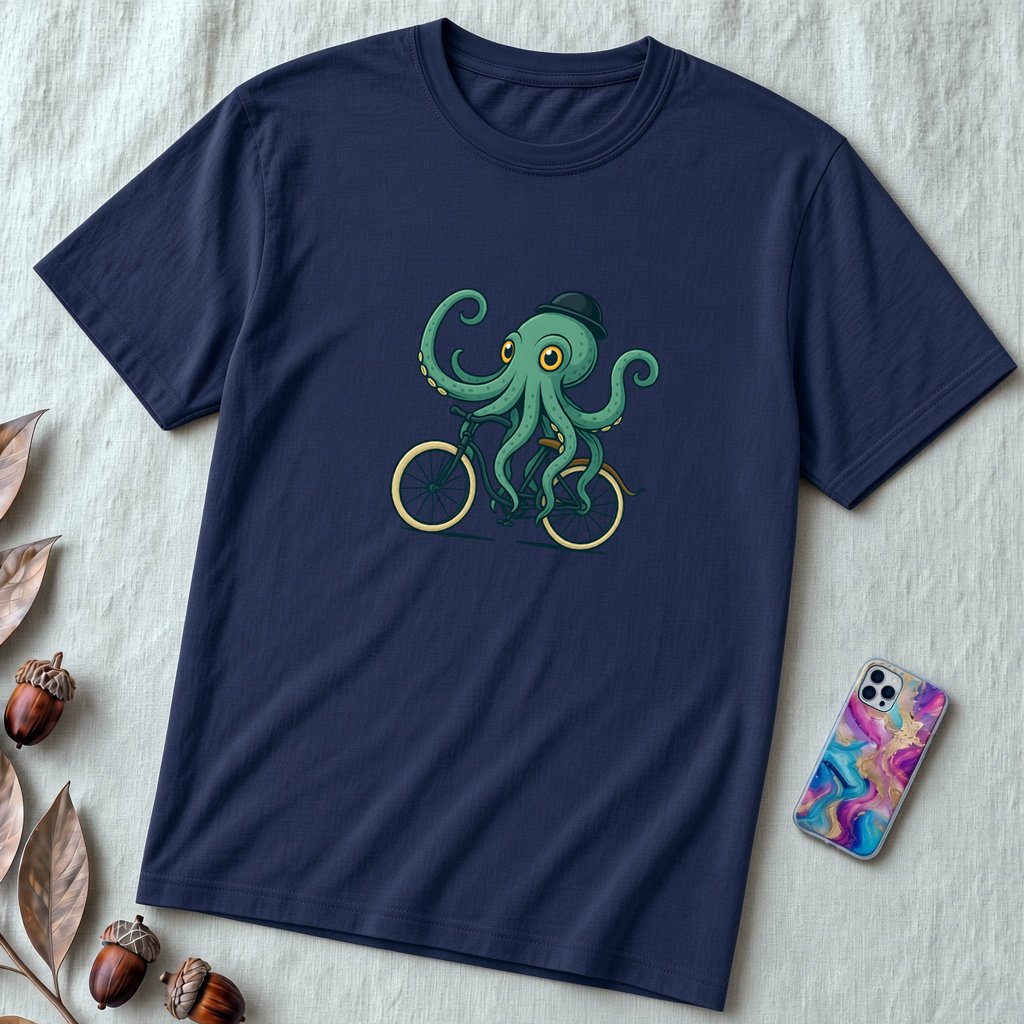 Unisex t-shirt with octopus on a bike - Navy unfolded t-shirt mockup