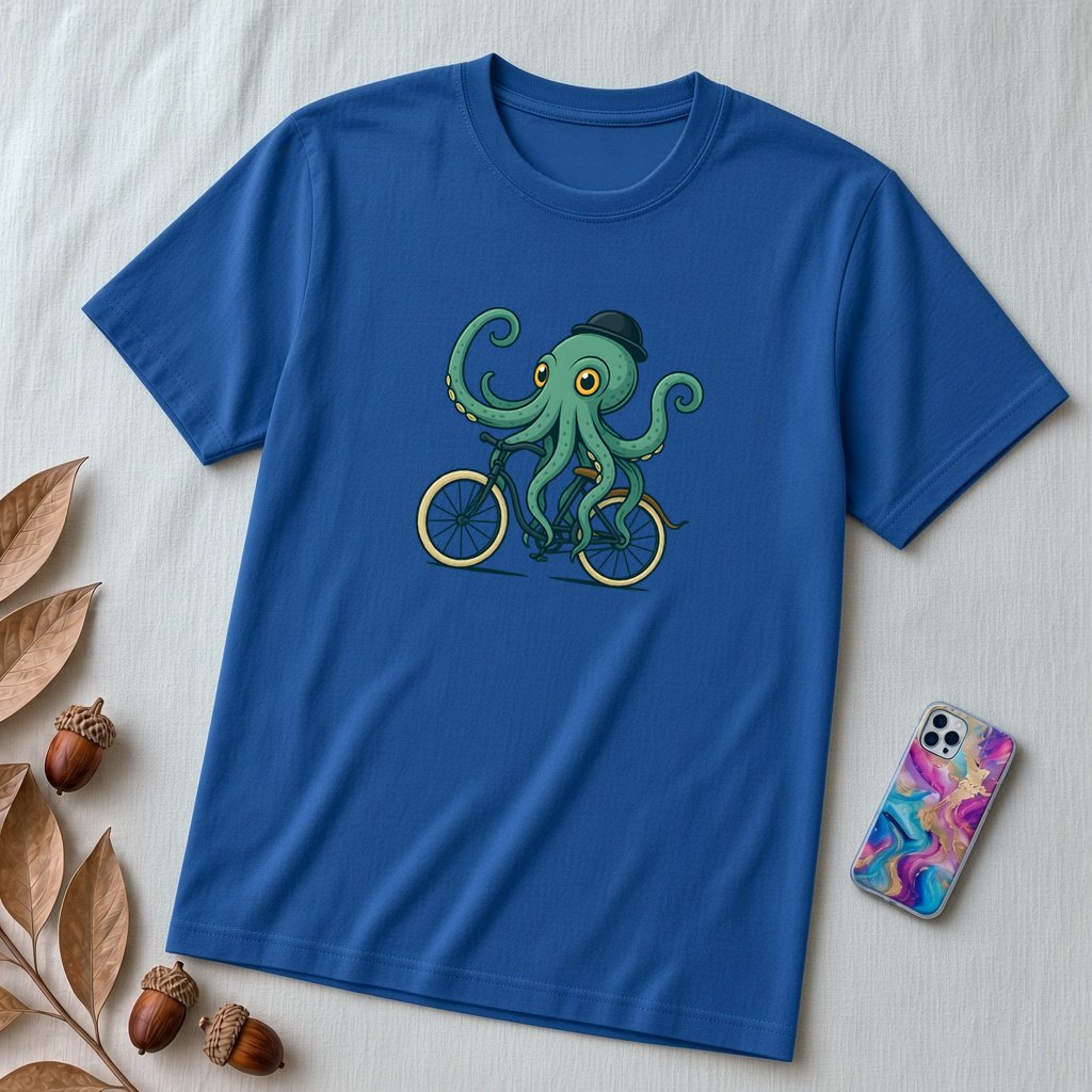Unisex t-shirt with octopus on a bike - True Royal unfolded t-shirt mockup