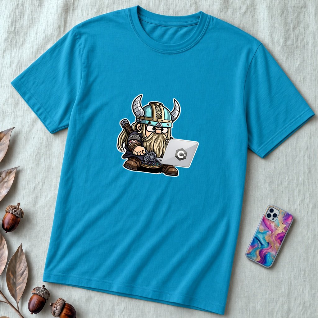 Unisex t-shirt with viking humor programmer: Valhalla Debugging Squad - Aqua unfolded t-shirt mockup