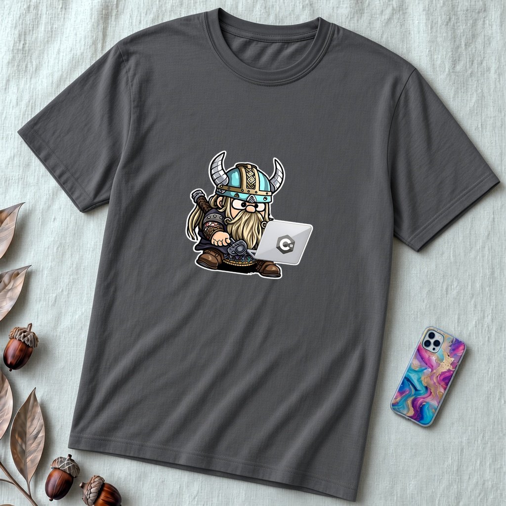 Unisex t-shirt with viking humor programmer: Valhalla Debugging Squad - Asphalt unfolded t-shirt mockup