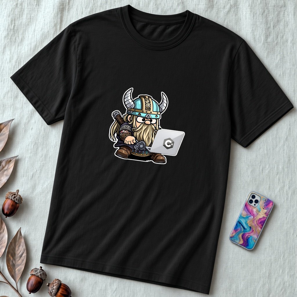 Unisex t-shirt with viking humor programmer: Valhalla Debugging Squad - Black unfolded t-shirt mockup