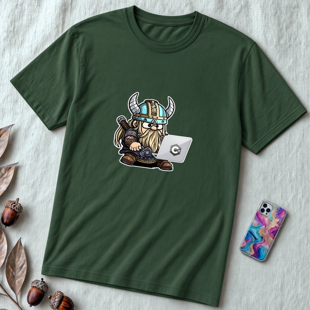 Unisex t-shirt with viking humor programmer: Valhalla Debugging Squad - Forest unfolded t-shirt mockup