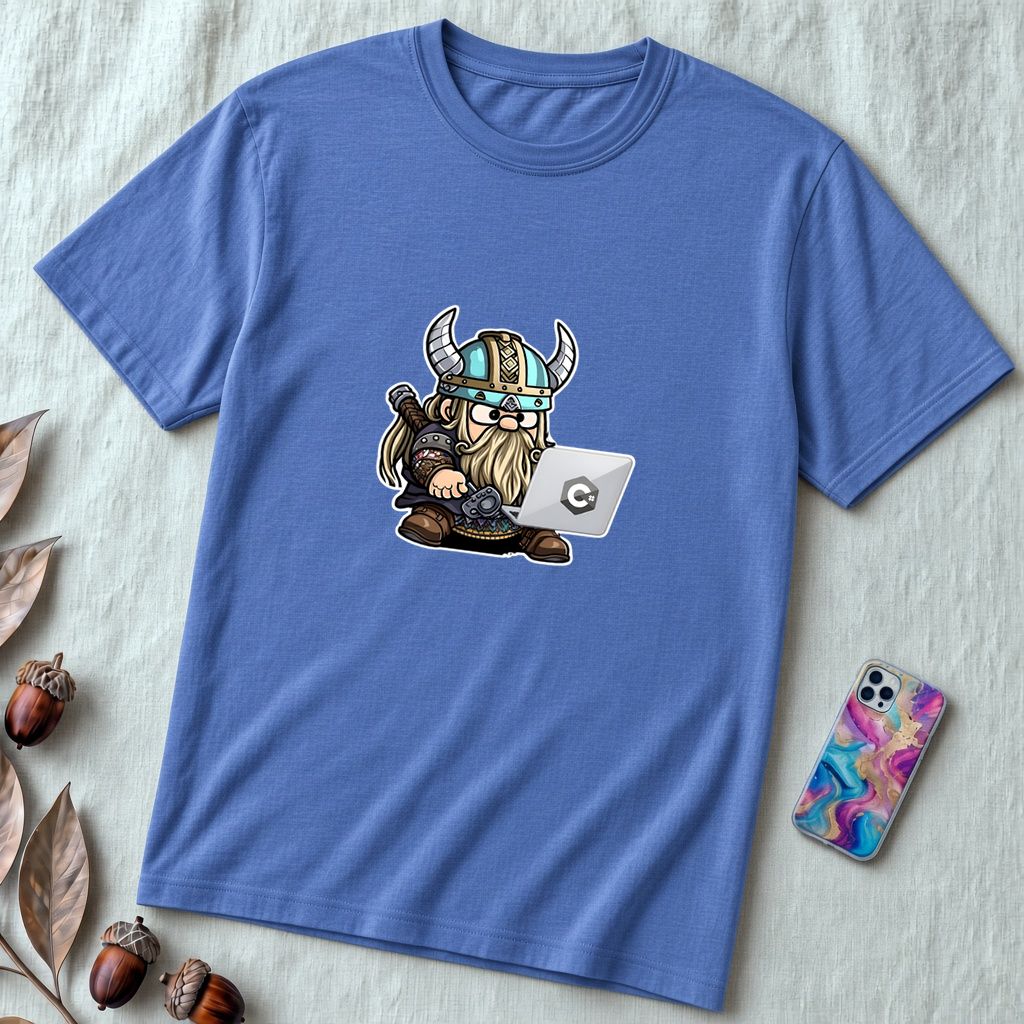 Unisex t-shirt with viking humor programmer: Valhalla Debugging Squad - Heather True Royal unfolded t-shirt mockup