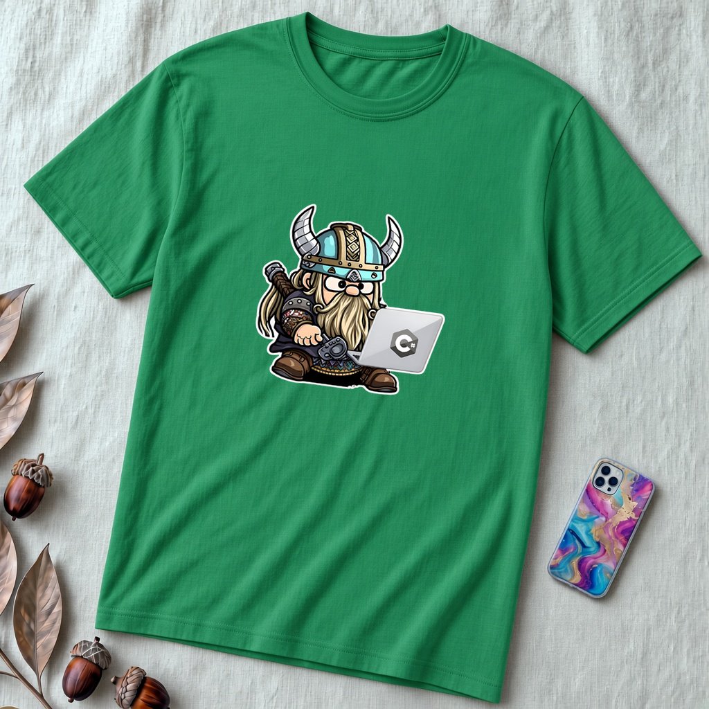 Unisex t-shirt with viking humor programmer: Valhalla Debugging Squad - Kelly unfolded t-shirt mockup