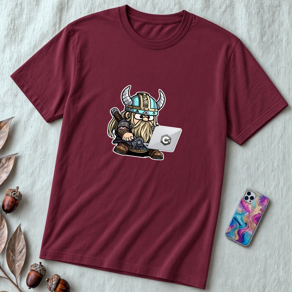 Unisex t-shirt with viking humor programmer: Valhalla Debugging Squad - Maroon unfolded t-shirt mockup
