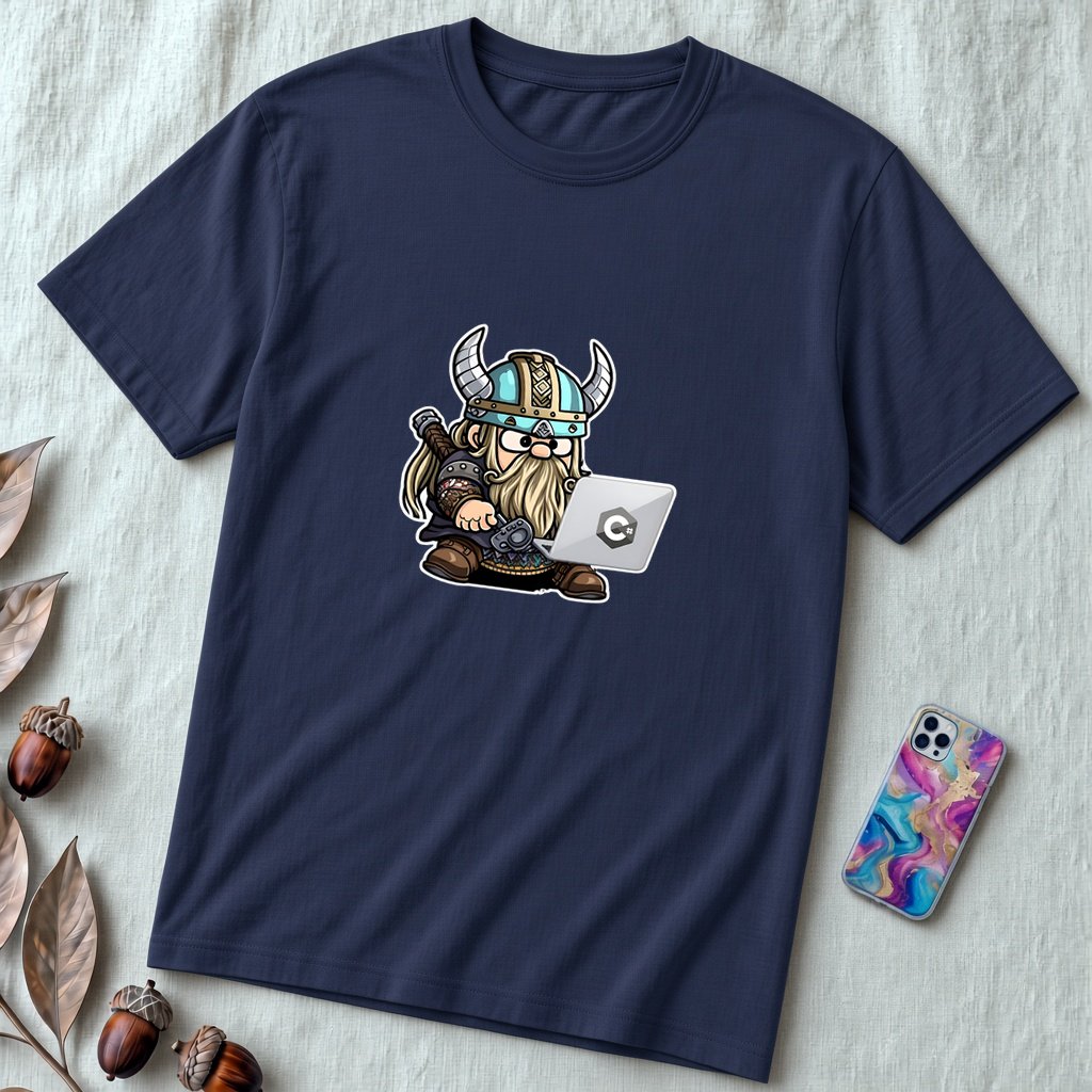 Unisex t-shirt with viking humor programmer: Valhalla Debugging Squad - Navy unfolded t-shirt mockup