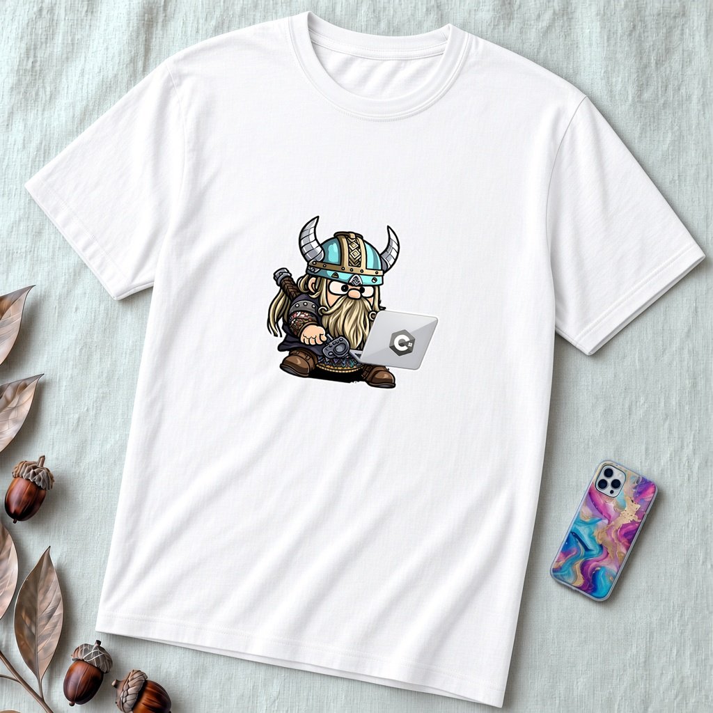 Unisex t-shirt with viking humor programmer: Valhalla Debugging Squad - White unfolded t-shirt mockup