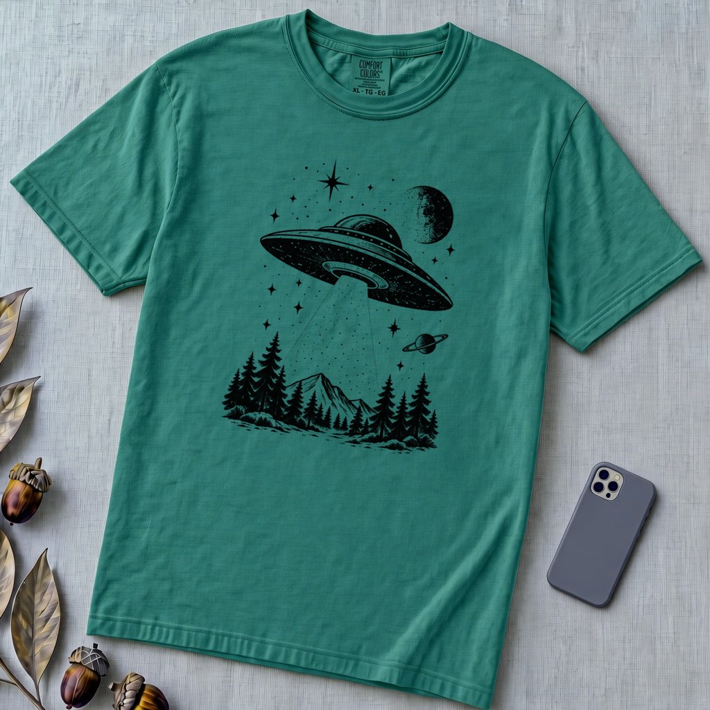 Vintage Sci Fi Graphic, UFO in Forest T-Shirt - Emerald unfolded t-shirt mockup