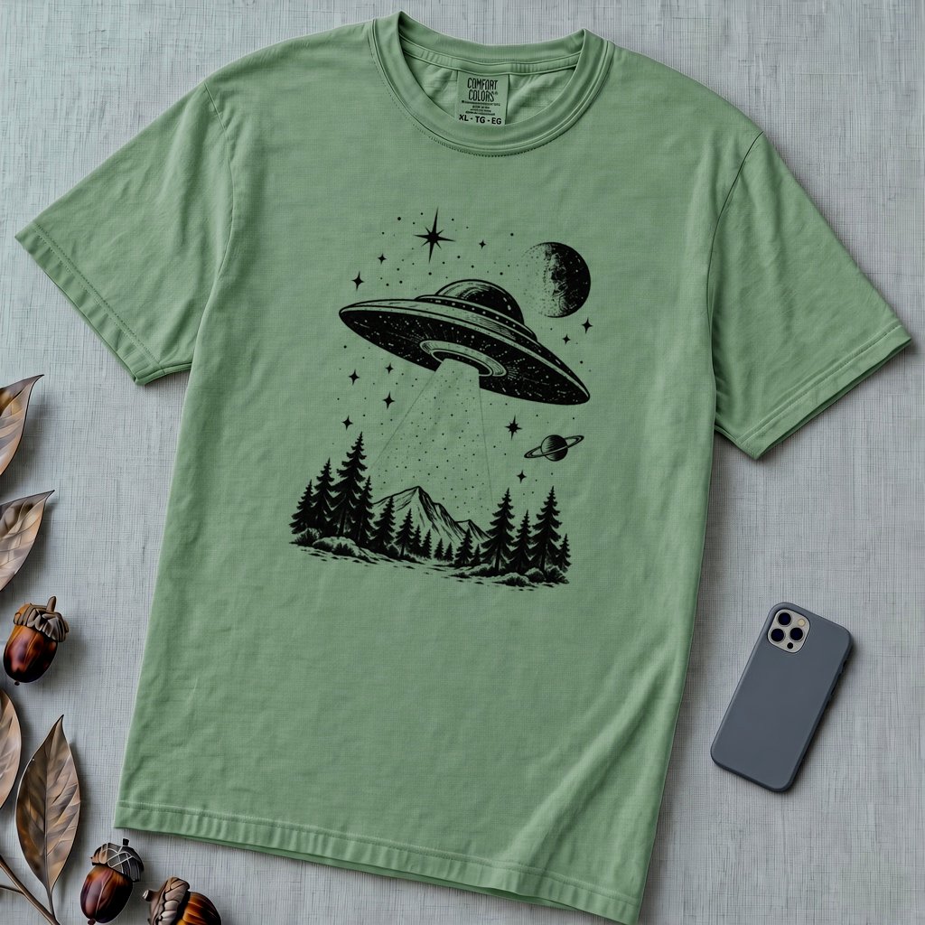 Vintage Sci Fi Graphic, UFO in Forest T-Shirt - Light Green unfolded t-shirt mockup