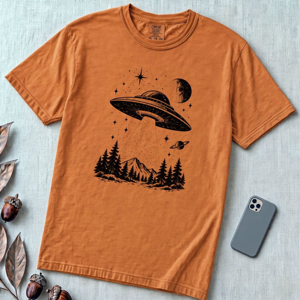 Vintage Sci Fi Graphic, UFO in Forest T-Shirt - Yam unfolded t-shirt mockup