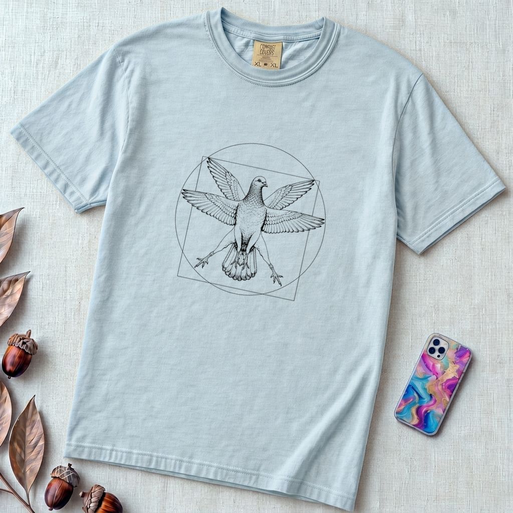 Vitruvian Pigeon T-Shirt, Leonardo Da Vinci Inspired Graphic - Chambray unfolded t-shirt mockup