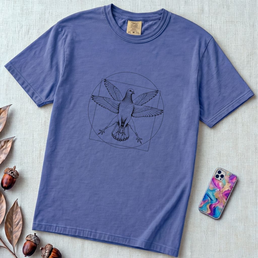 Vitruvian Pigeon T-Shirt, Leonardo Da Vinci Inspired Graphic - Flo Blue unfolded t-shirt mockup