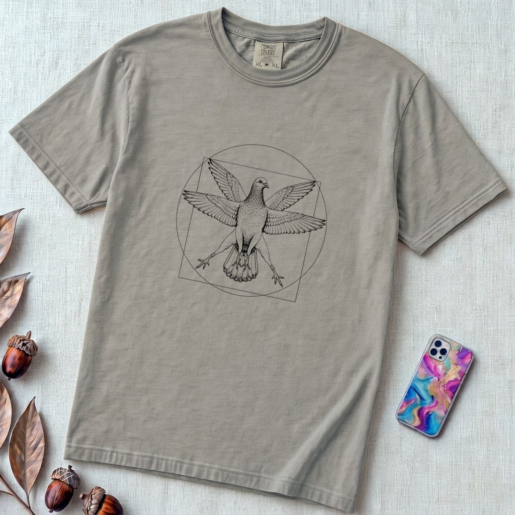 Vitruvian Pigeon T-Shirt, Leonardo Da Vinci Inspired Graphic - Granite unfolded t-shirt mockup
