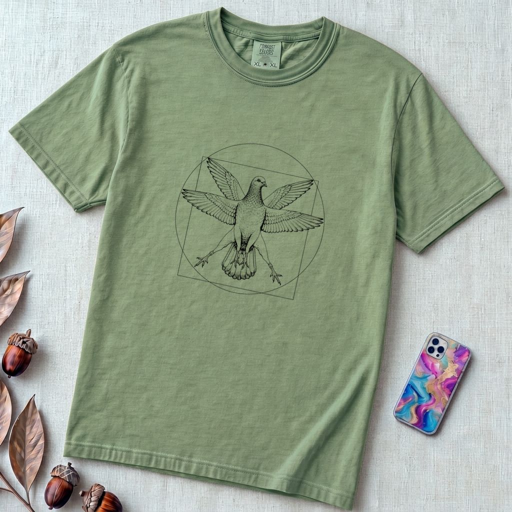 Vitruvian Pigeon T-Shirt, Leonardo Da Vinci Inspired Graphic - Light Green unfolded t-shirt mockup