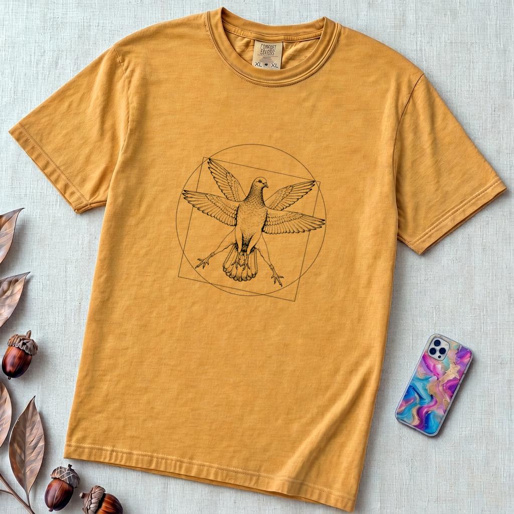 Vitruvian Pigeon T-Shirt, Leonardo Da Vinci Inspired Graphic - Mustard unfolded t-shirt mockup