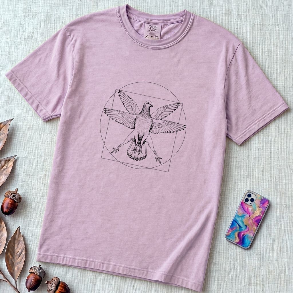 Vitruvian Pigeon T-Shirt, Leonardo Da Vinci Inspired Graphic - Orchid unfolded t-shirt mockup