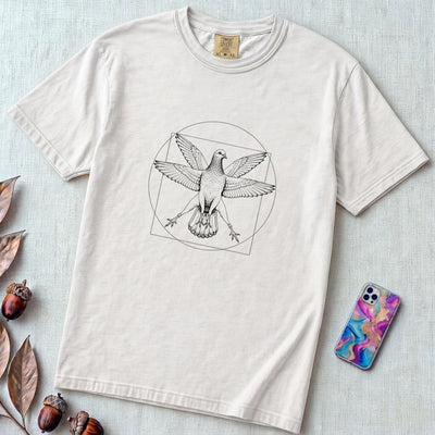 Vitruvian Pigeon T-Shirt, Leonardo Da Vinci Inspired Graphic - White unfolded t-shirt mockup
