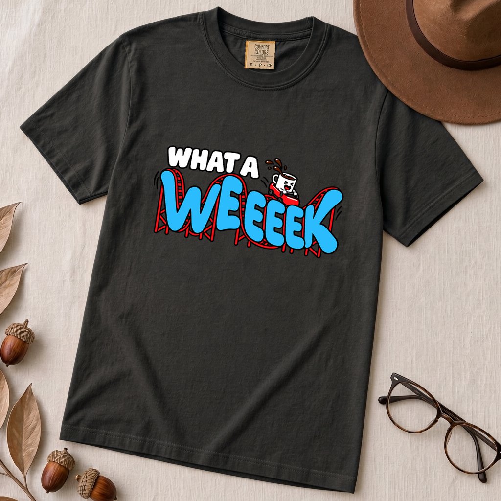 What A WEEEEK Coffee Roller Coaster T-Shirt - Black unfolded t-shirt mockup
