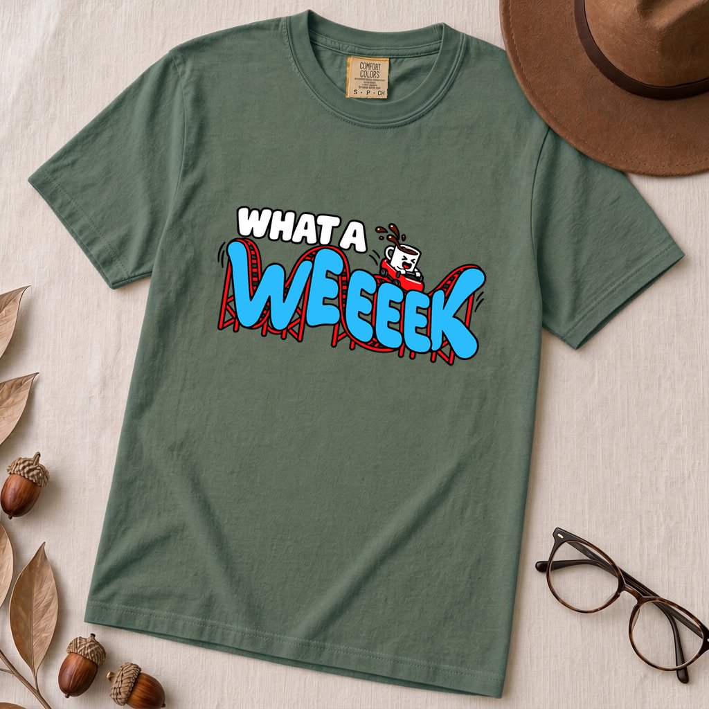 What A WEEEEK Coffee Roller Coaster T-Shirt - Blue Spruce unfolded t-shirt mockup