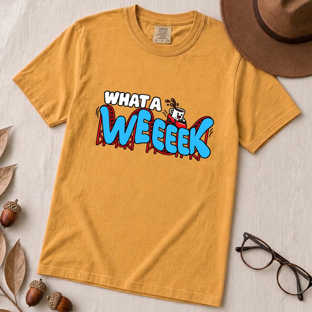 What A WEEEEK Coffee Roller Coaster T-Shirt - Mustard unfolded t-shirt mockup