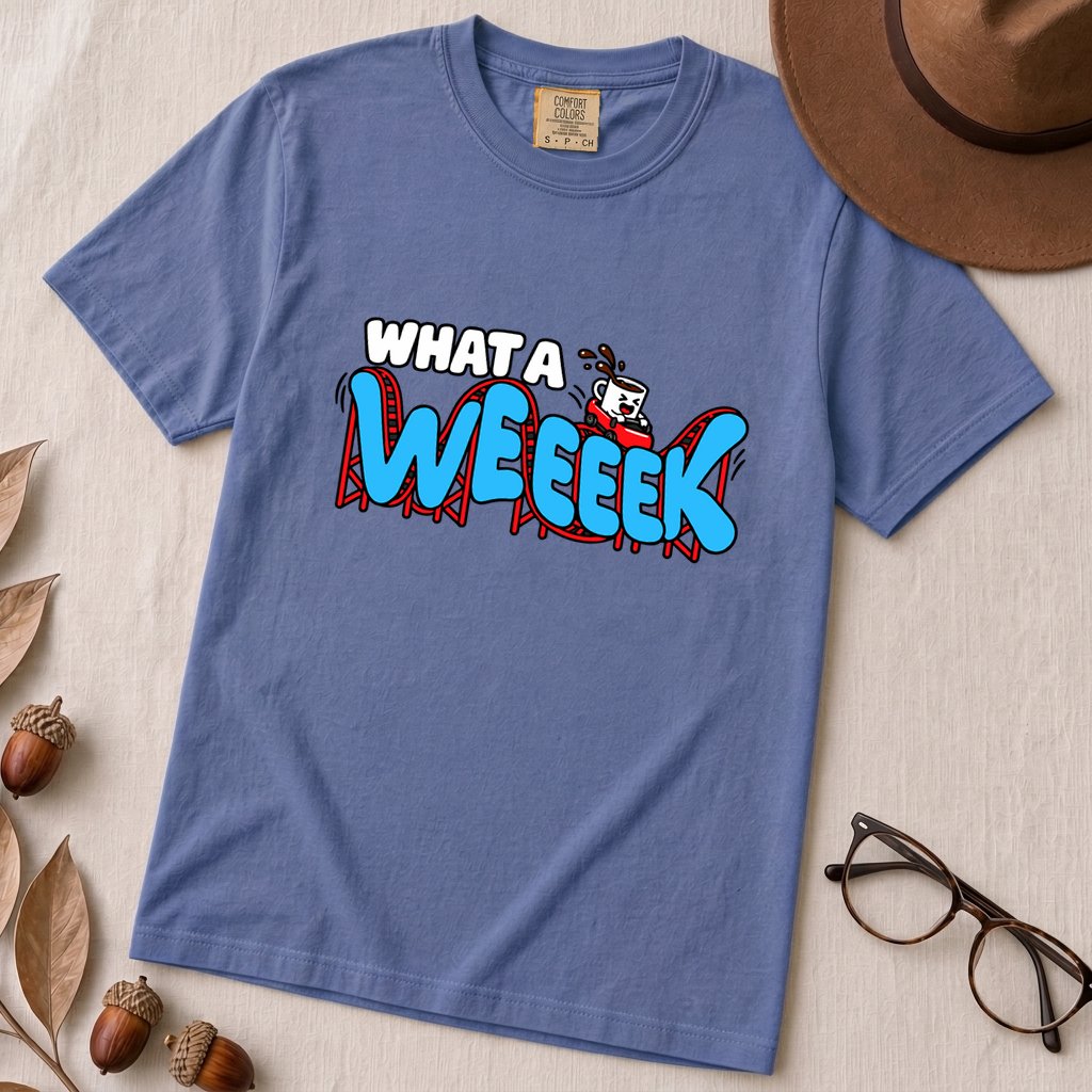 What A WEEEEK Coffee Roller Coaster T-Shirt - Mystic Blue unfolded t-shirt mockup