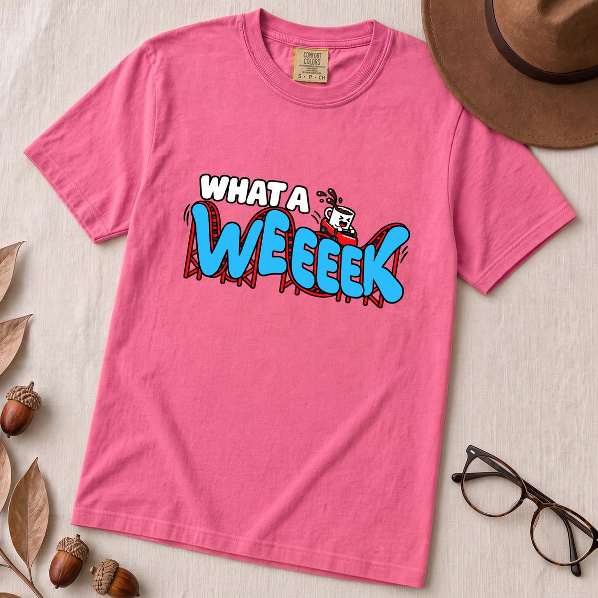 What A WEEEEK Coffee Roller Coaster T-Shirt - Neon Pink unfolded t-shirt mockup