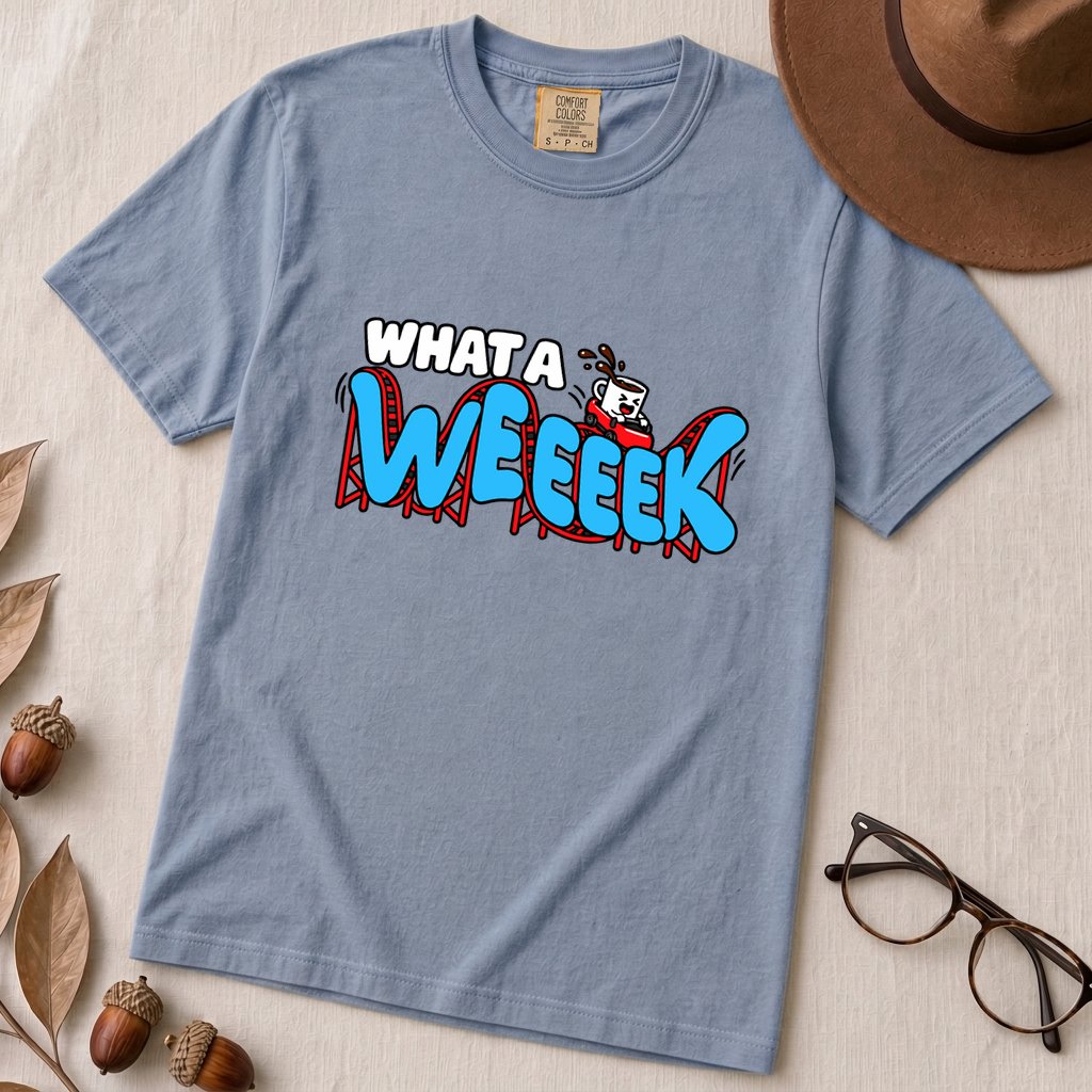 What A WEEEEK Coffee Roller Coaster T-Shirt - Washed Denim unfolded t-shirt mockup