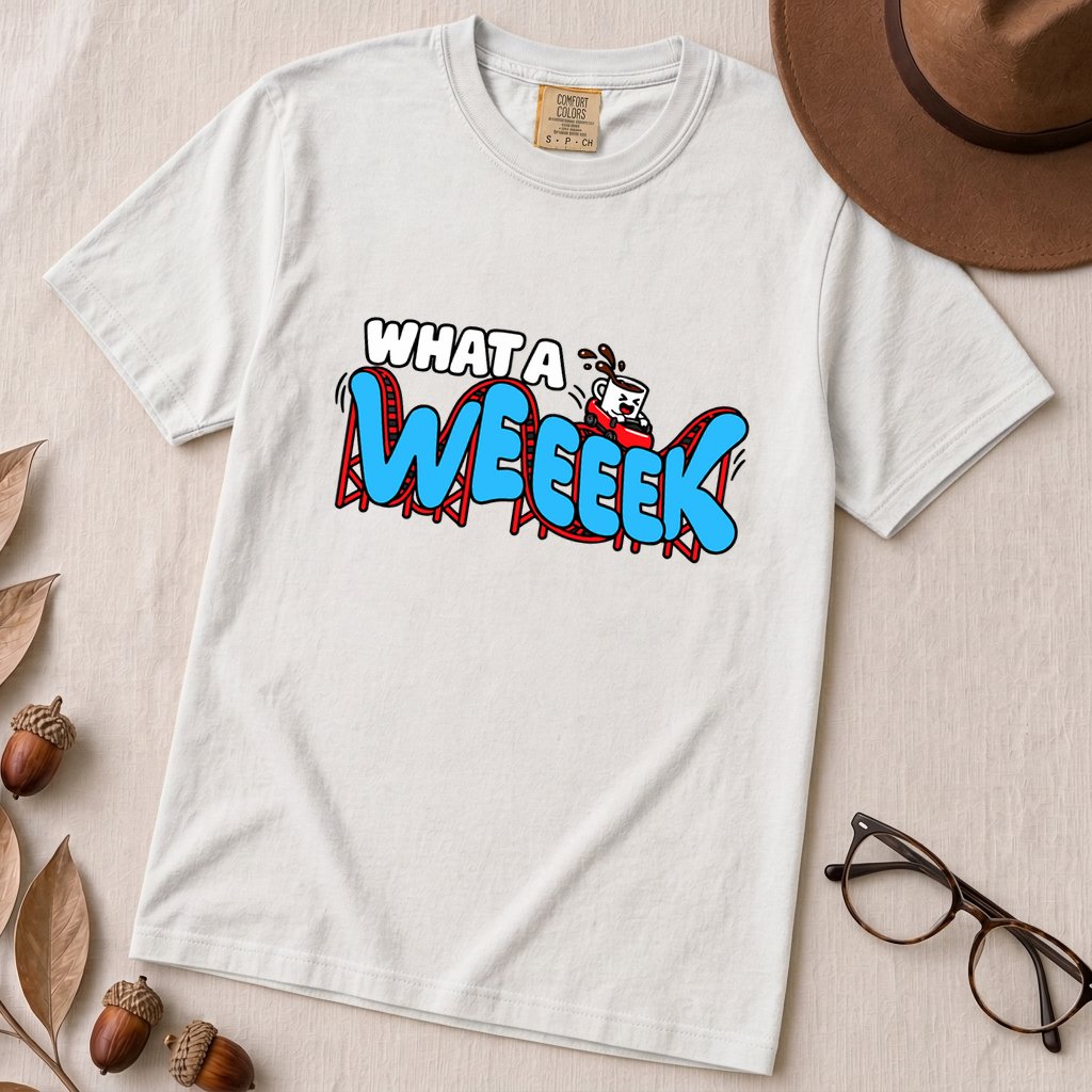 What A WEEEEK Coffee Roller Coaster T-Shirt - White unfolded t-shirt mockup