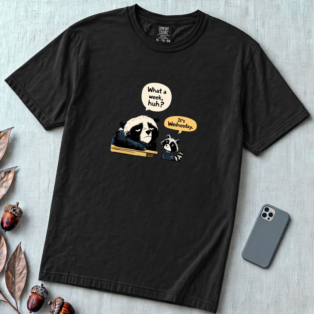 What a Week Huh It's Wednesday Funny Bear Raccoon Burnout T-Shirt - Black unfolded t-shirt mockup