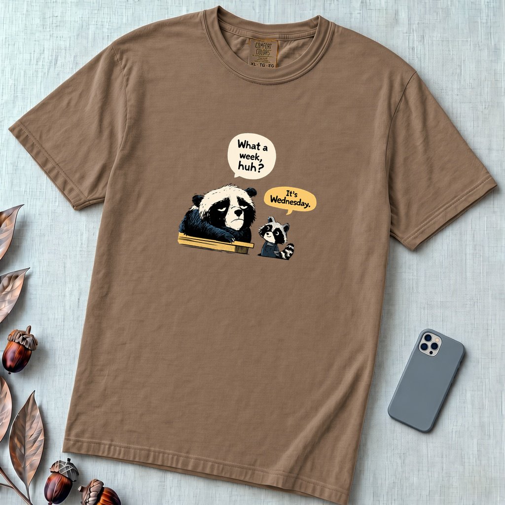 What a Week Huh It's Wednesday Funny Bear Raccoon Burnout T-Shirt - Espresso unfolded t-shirt mockup