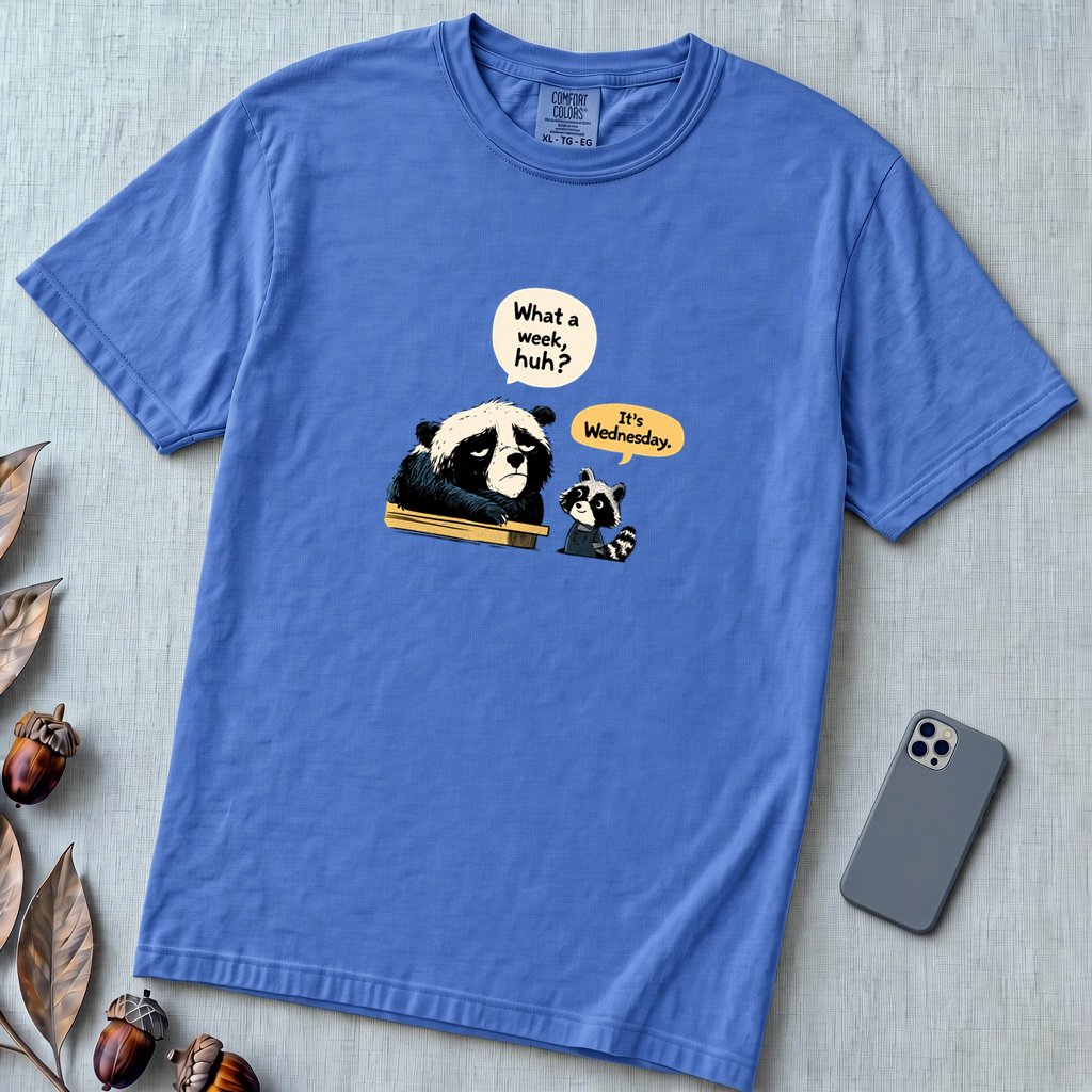 What a Week Huh It's Wednesday Funny Bear Raccoon Burnout T-Shirt - Flo Blue unfolded t-shirt mockup