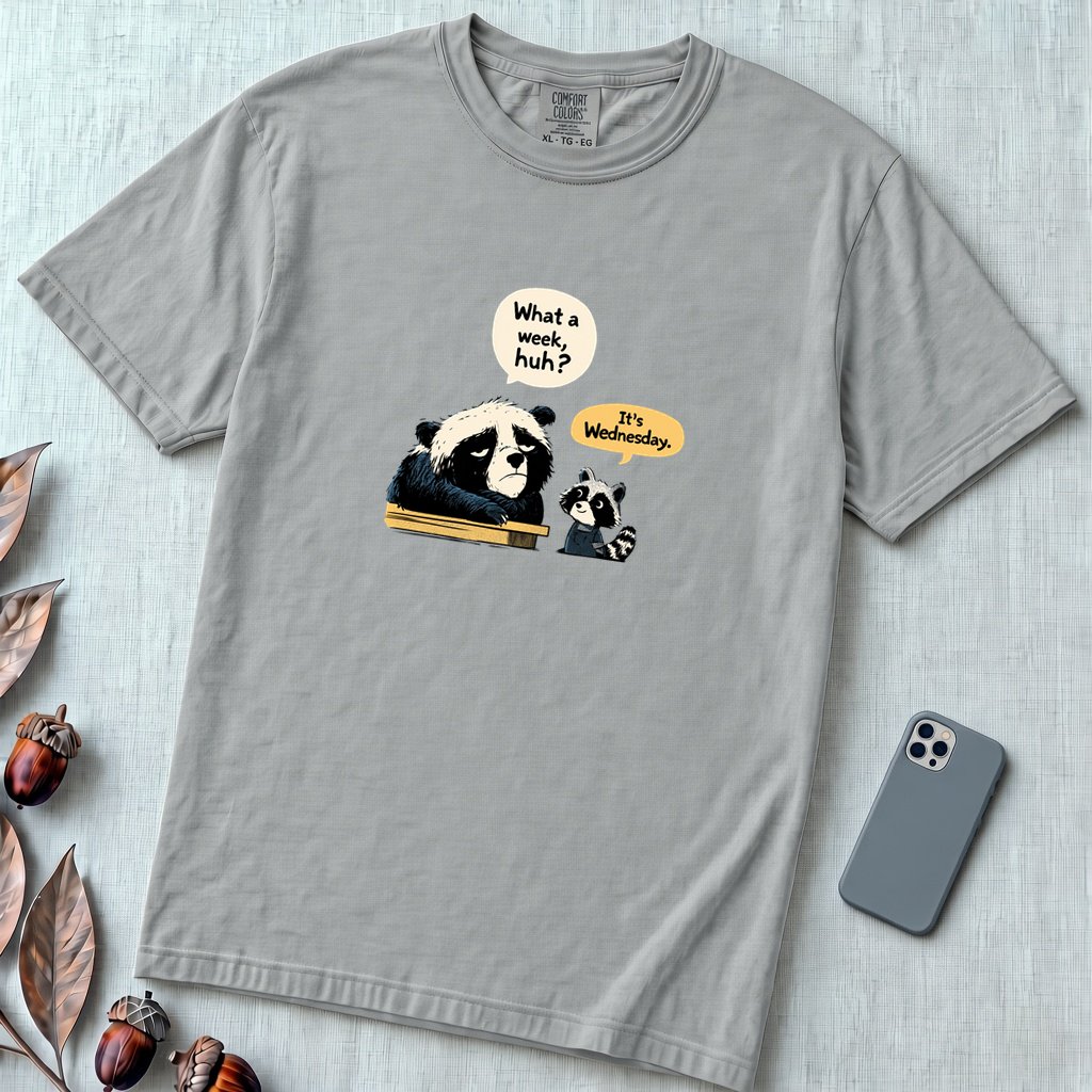 What a Week Huh It's Wednesday Funny Bear Raccoon Burnout T-Shirt - Granite unfolded t-shirt mockup