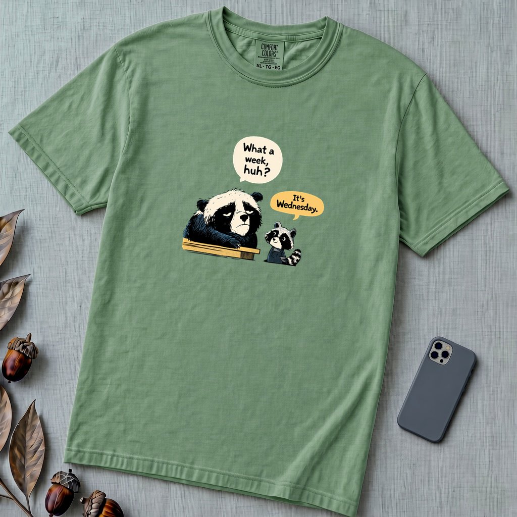 What a Week Huh It's Wednesday Funny Bear Raccoon Burnout T-Shirt - Light Green unfolded t-shirt mockup