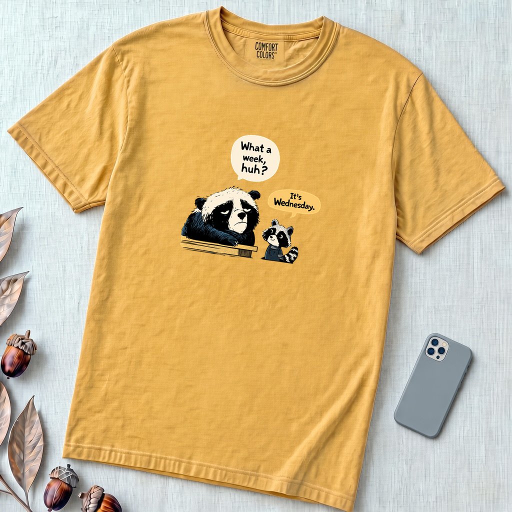 What a Week Huh It's Wednesday Funny Bear Raccoon Burnout T-Shirt - Mustard unfolded t-shirt mockup
