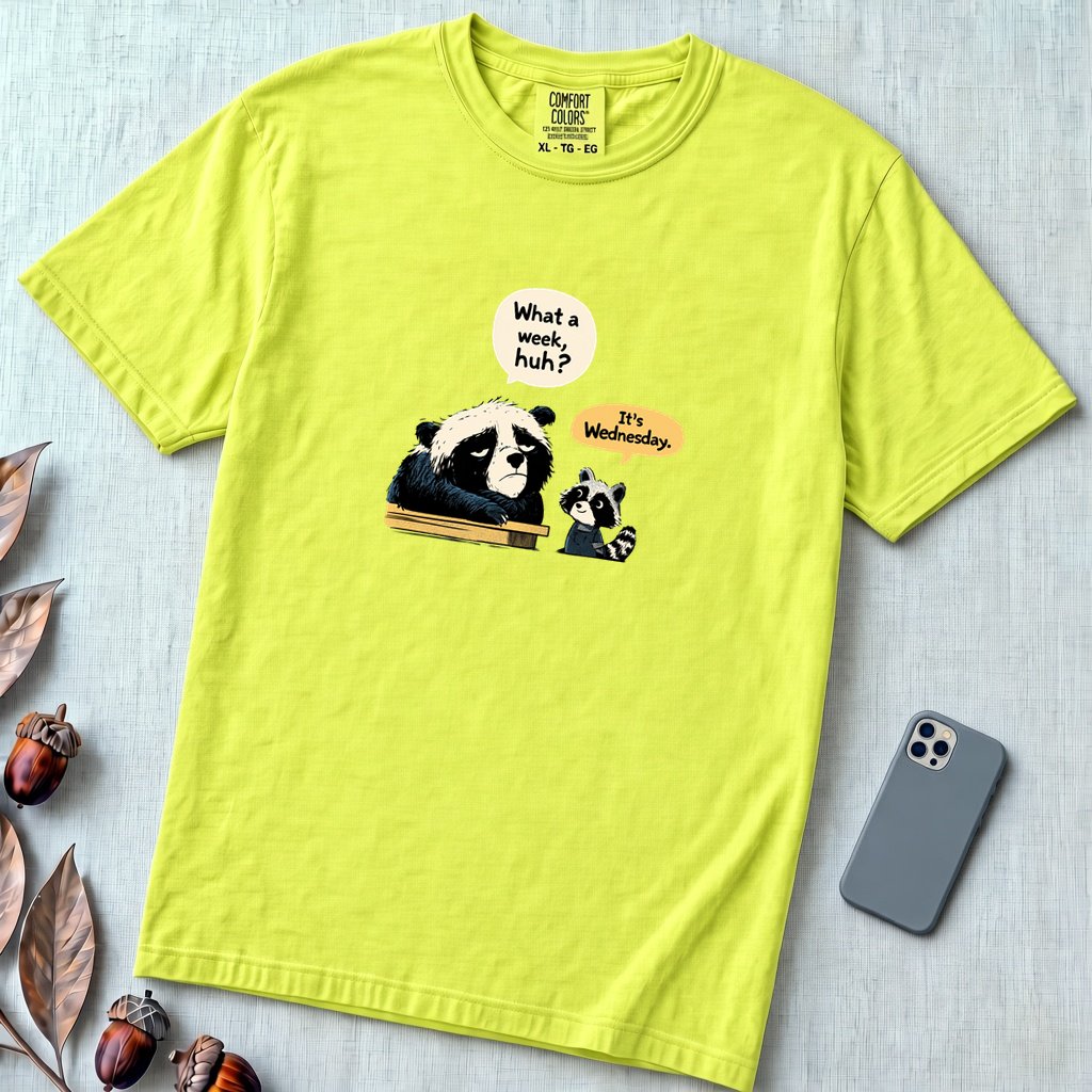 What a Week Huh It's Wednesday Funny Bear Raccoon Burnout T-Shirt - Neon Lemon unfolded t-shirt mockup