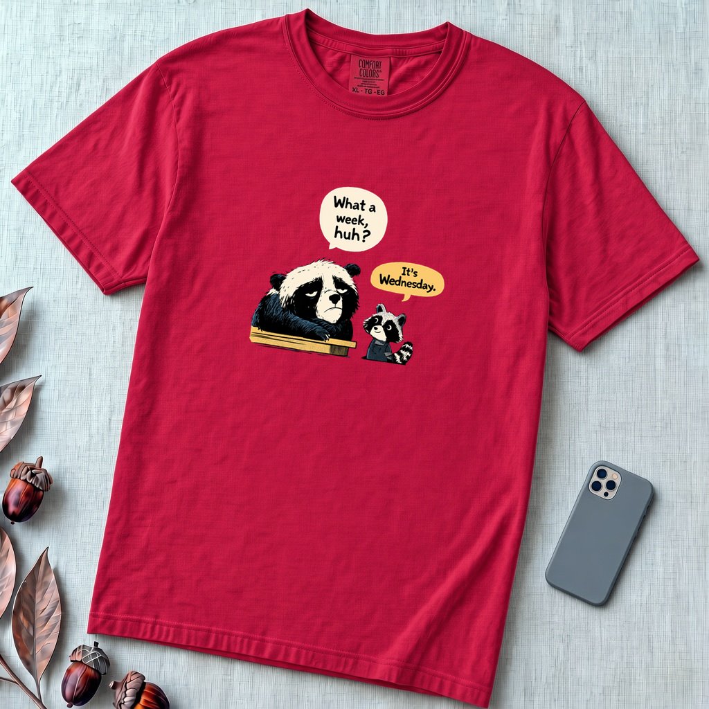 What a Week Huh It's Wednesday Funny Bear Raccoon Burnout T-Shirt - Red unfolded t-shirt mockup