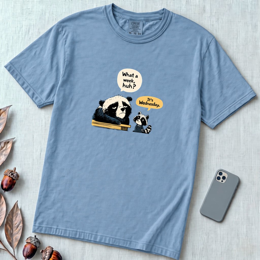 What a Week Huh It's Wednesday Funny Bear Raccoon Burnout T-Shirt - Washed Denim unfolded t-shirt mockup