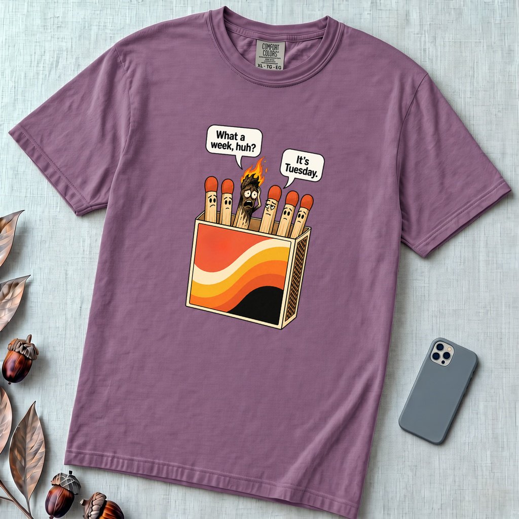 What a Week, Huh? It’s Tuesday Matchbox T-Shirt - Berry unfolded t-shirt mockup