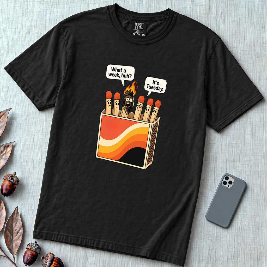 What a Week, Huh? It’s Tuesday Matchbox T-Shirt - Black unfolded t-shirt mockup