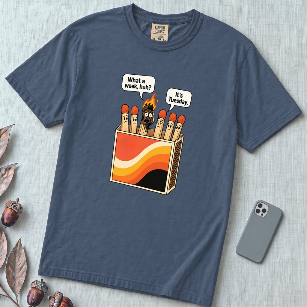 What a Week, Huh? It’s Tuesday Matchbox T-Shirt - Midnight unfolded t-shirt mockup