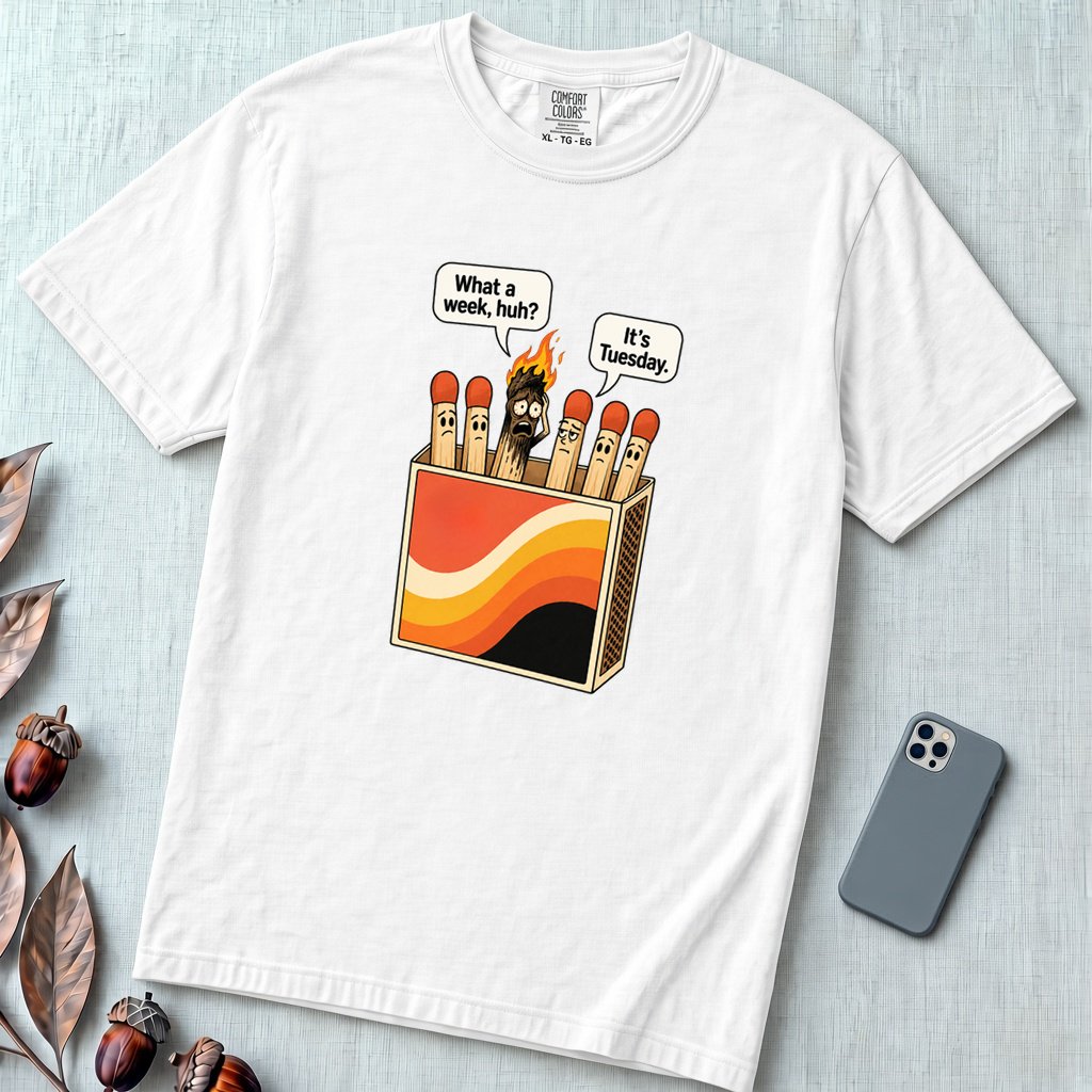 What a Week, Huh? It’s Tuesday Matchbox T-Shirt - White unfolded t-shirt mockup